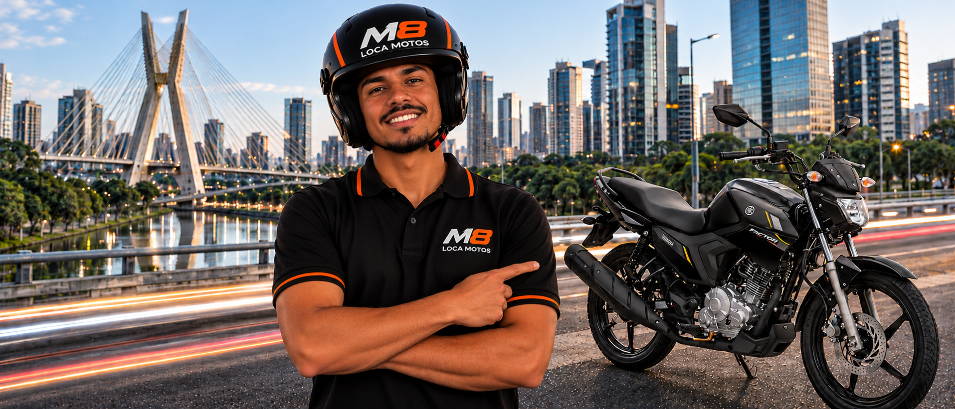 M8 Loca Motos — entregador com capacete da marca ao lado de uma moto, com a Ponte Estaiada de São Paulo ao fundo